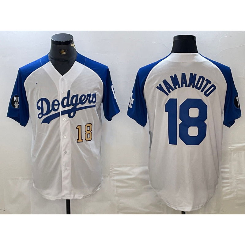 Los Angeles Dodgers #18 Yoshinobu Yamamoto Number White Blue AmberGomez Fashion Stitched Cool Base Limited Jerseys