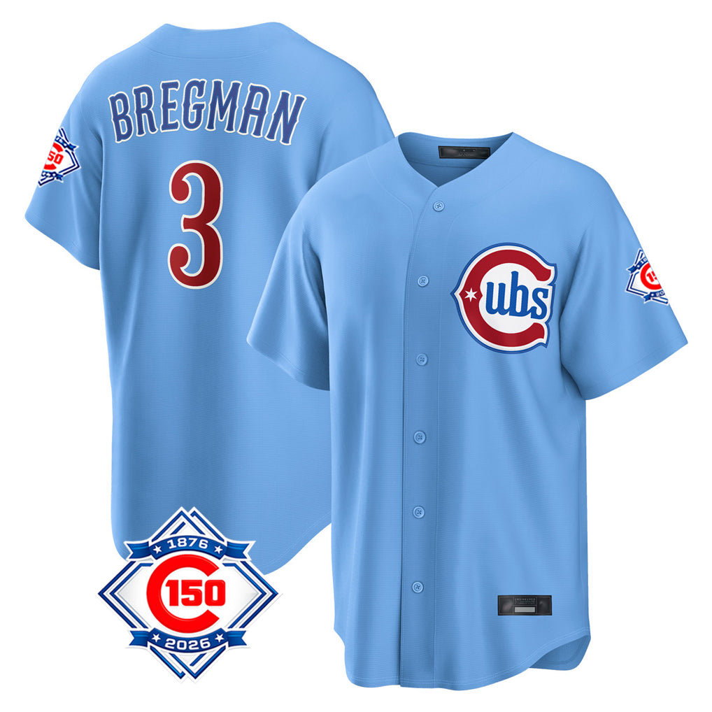 Chicago Cubs #3 Alex Bregman Player Light Blue AmberGomez 150th Anniversary Home Game Stitched Jerseys
