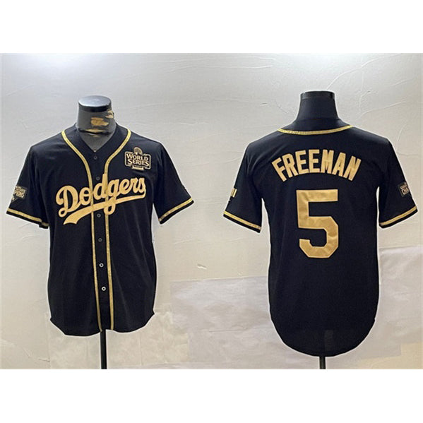 Los Angeles Dodgers #5 Freddie Freeman Black Gold AmberGomez 2024 World Series Patch And Champions Patch Cool Base Stitched Jersey
