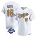 Los Angeles Dodgers #16 Will Smith Player White Gold AmberGomez World Series Meet Collection Limited Home Stitched Jerseys
