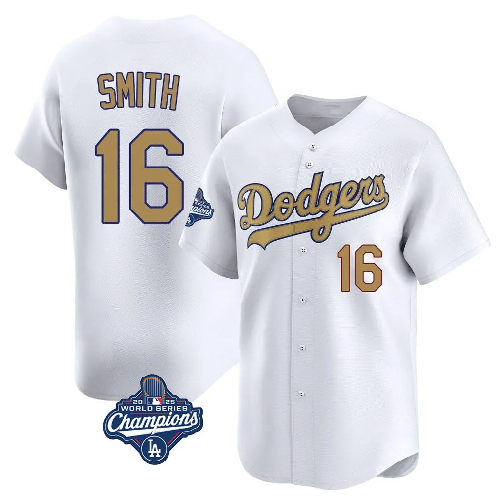 Los Angeles Dodgers #16 Will Smith Player White Gold AmberGomez World Series Meet Collection Limited Home Stitched Jerseys