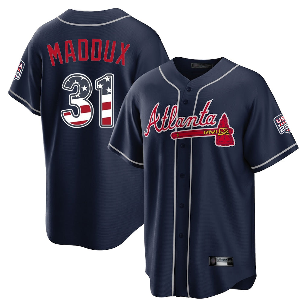 Atlanta Braves #31 Greg Maddux Player Navy AmberGomez USA 250 Fourth Of July Limited Home Game Stitched Jerseys