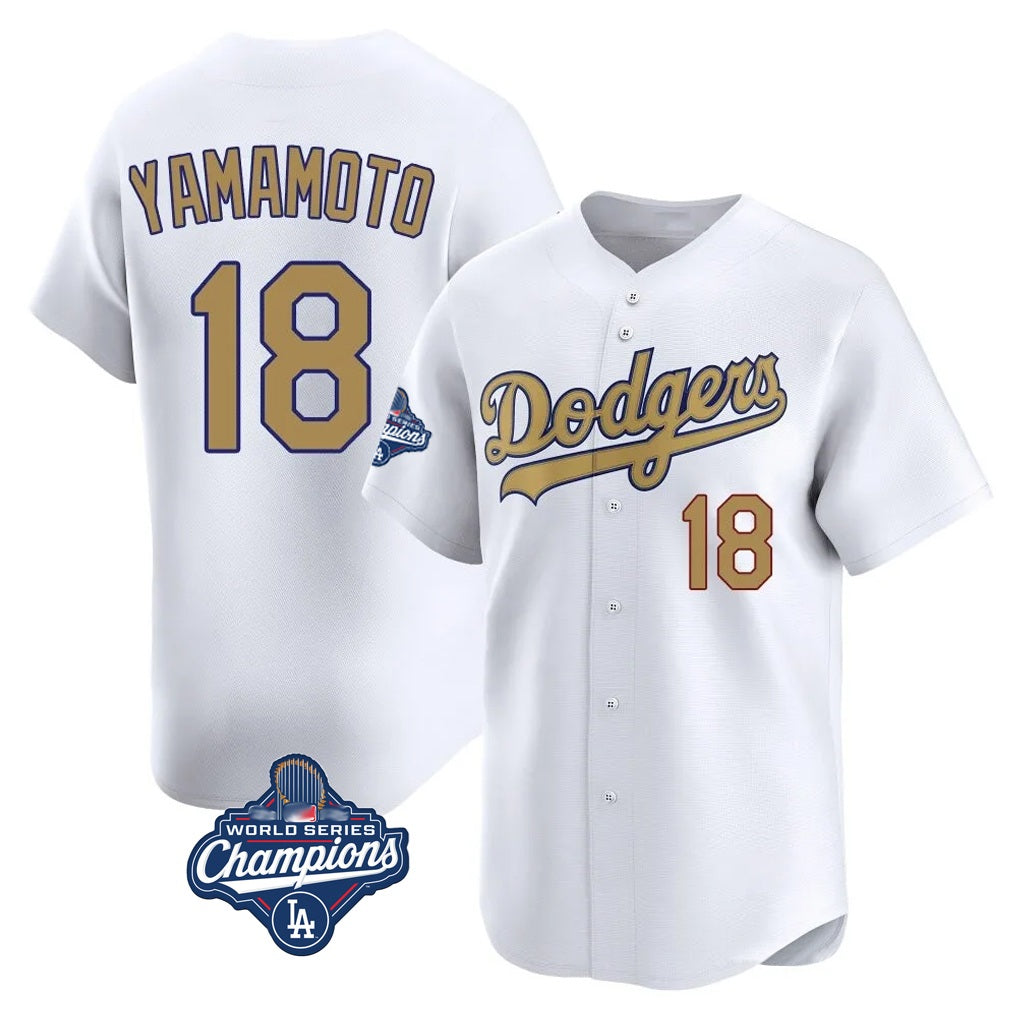 Los Angeles Dodgers #18 Yoshinobu Yamamoto Player White Gold AmberGomez World Series Meet Collection Limited Home Stitched Jerseys