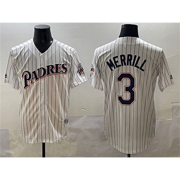 San Diego Padres #3 Jackson Merrill White AmberGomez Throwback With Patch Cool Base Stitched Jersey