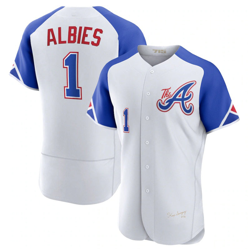 Atlanta Braves #1 Ozzie Albies White AmberGomez 2023 City Connect Flex Base Stitched Jersey