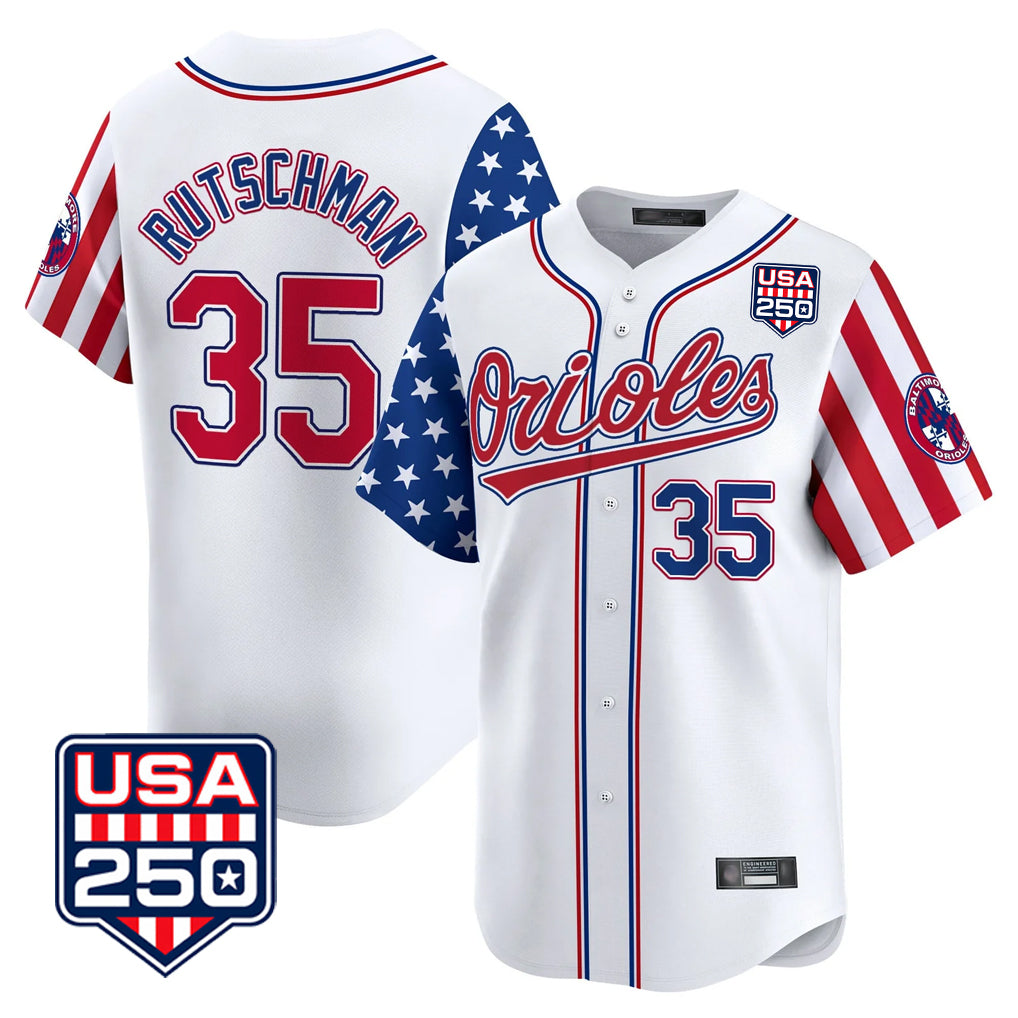 Baltimore Orioles #35 Adley Rutschman Player White AmberGomez USA 250 Independence Day Vapor Premier Home Game Stitched Jerseys