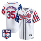 Baltimore Orioles #35 Adley Rutschman Player White AmberGomez USA 250 Independence Day Vapor Premier Home Game Stitched Jerseys