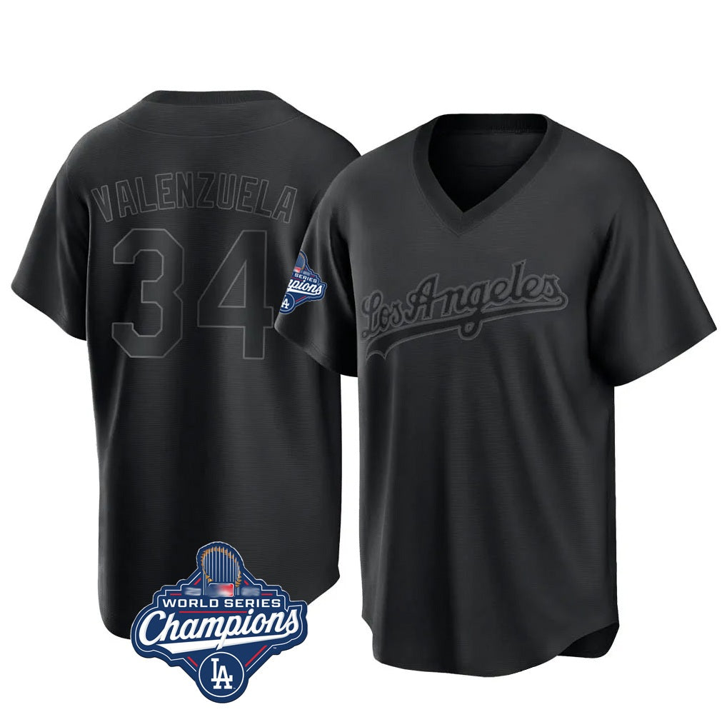 Los Angeles Dodgers #34 Fernando Valenzuela Player Black AmberGomez World Series Meet Pitch Fashion T-shirt Stitched Jerseys