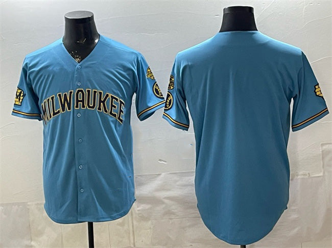 Milwaukee Brewers Blank Blue AmberGomez With Home & Bob Uecker Patch Stitched Jersey