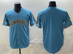 Milwaukee Brewers Blank Blue AmberGomez With Home & Bob Uecker Patch Stitched Jersey