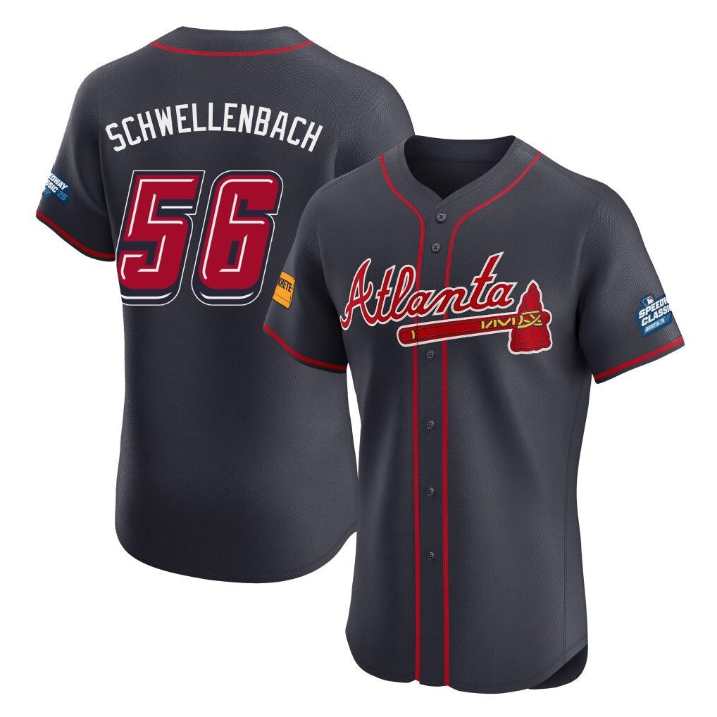 Atlanta Braves #56 Spencer Schwellenbach Player Navy AmberGomez 2025 Speedway Classic Limited Elite Home Game Stitched Jerseys