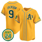 Oakland Athletics #9 Reggie Jackson Yellow AmberGomez 2024 Limited With Rickey Henderson Patch Stitched Jersey