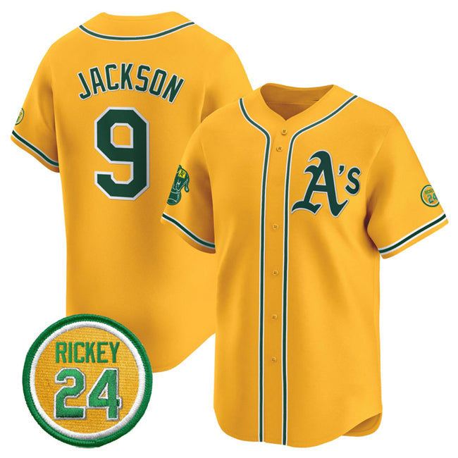 Oakland Athletics #9 Reggie Jackson Yellow AmberGomez 2024 Limited With Rickey Henderson Patch Stitched Jersey