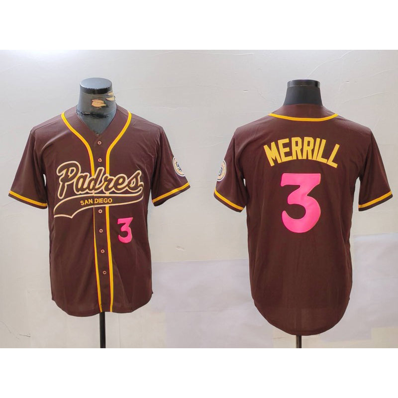 San Diego Padres #3 Jackson Merrill Brown AmberGomez Cool Base Stitched Jersey 2