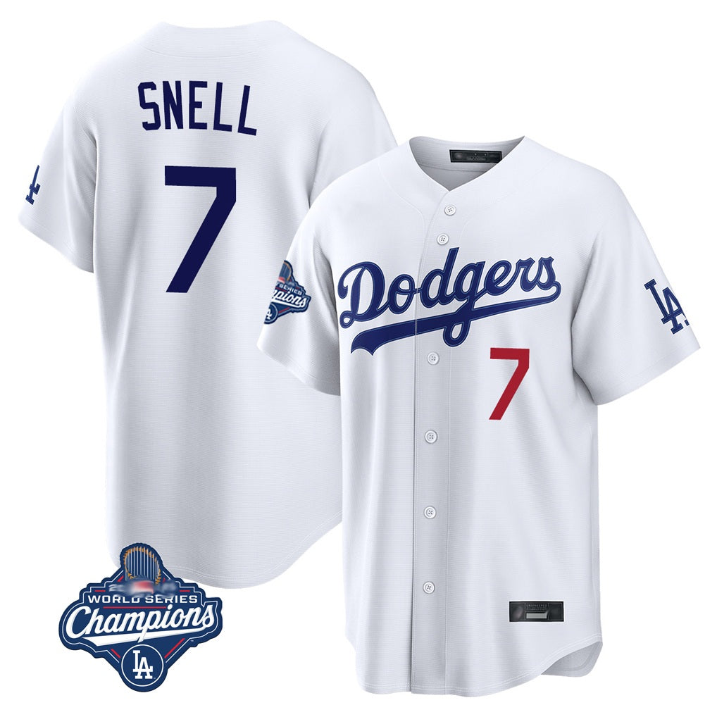 Los Angeles Dodgers #7 Blake Snell Player White AmberGomez Game World Series Meet Home Stitched Jerseys