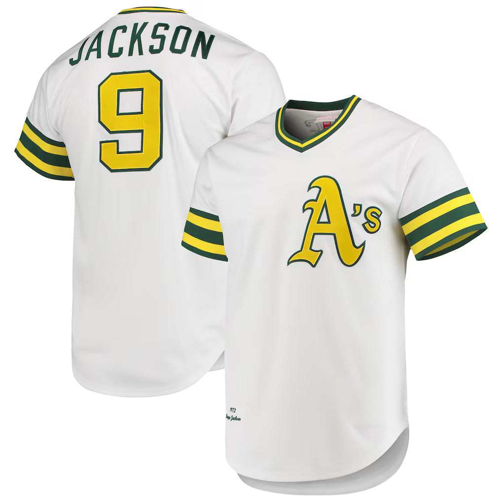 Oakland Athletics #9 Reggie Jackson Mitchell & Ness White AmberGomez 1972 Cooperstown Collection Authentic Jersey