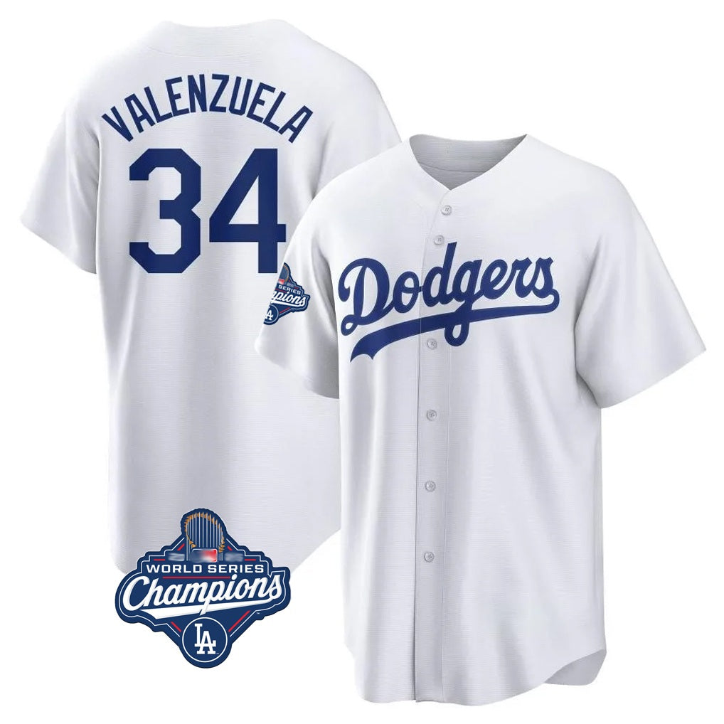 Los Angeles Dodgers #34 Fernando Valenzuela Player White AmberGomez World Series Meet Game Home Stitched Jerseys