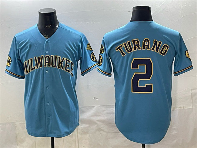 Milwaukee Brewers #2 Brice Turang Blue AmberGomez With Home & Bob Uecker Patch Stitched Jersey