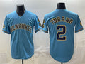 Milwaukee Brewers #2 Brice Turang Blue AmberGomez With Home & Bob Uecker Patch Stitched Jersey