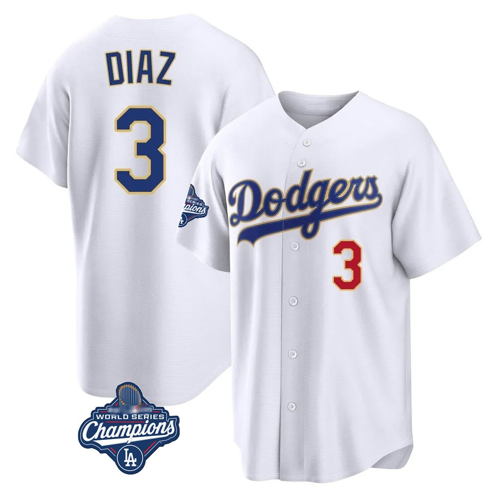 Los Angeles Dodgers #3 Edwin D¨ªaz Player Gold White AmberGomez World Series Meet 2026 Collection Stadium Limited Stitched Jerseys