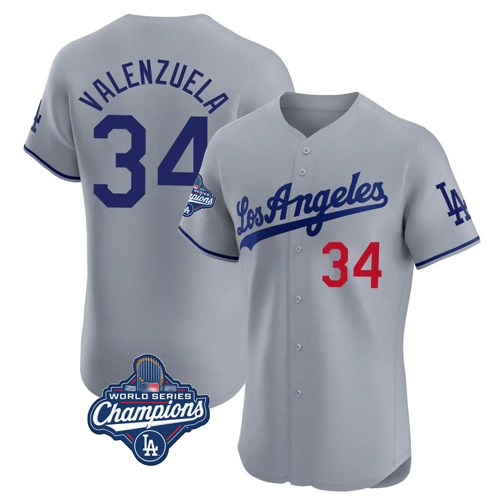 Los Angeles Dodgers #34 Fernando Valenzuela Player Gray AmberGomez World Series Meet Limited Elite Home Stitched Jerseys