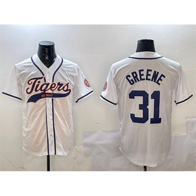 Detroit Tigers #31 Riley Greene White AmberGomez With Patch Cool Base Stitched Jersey