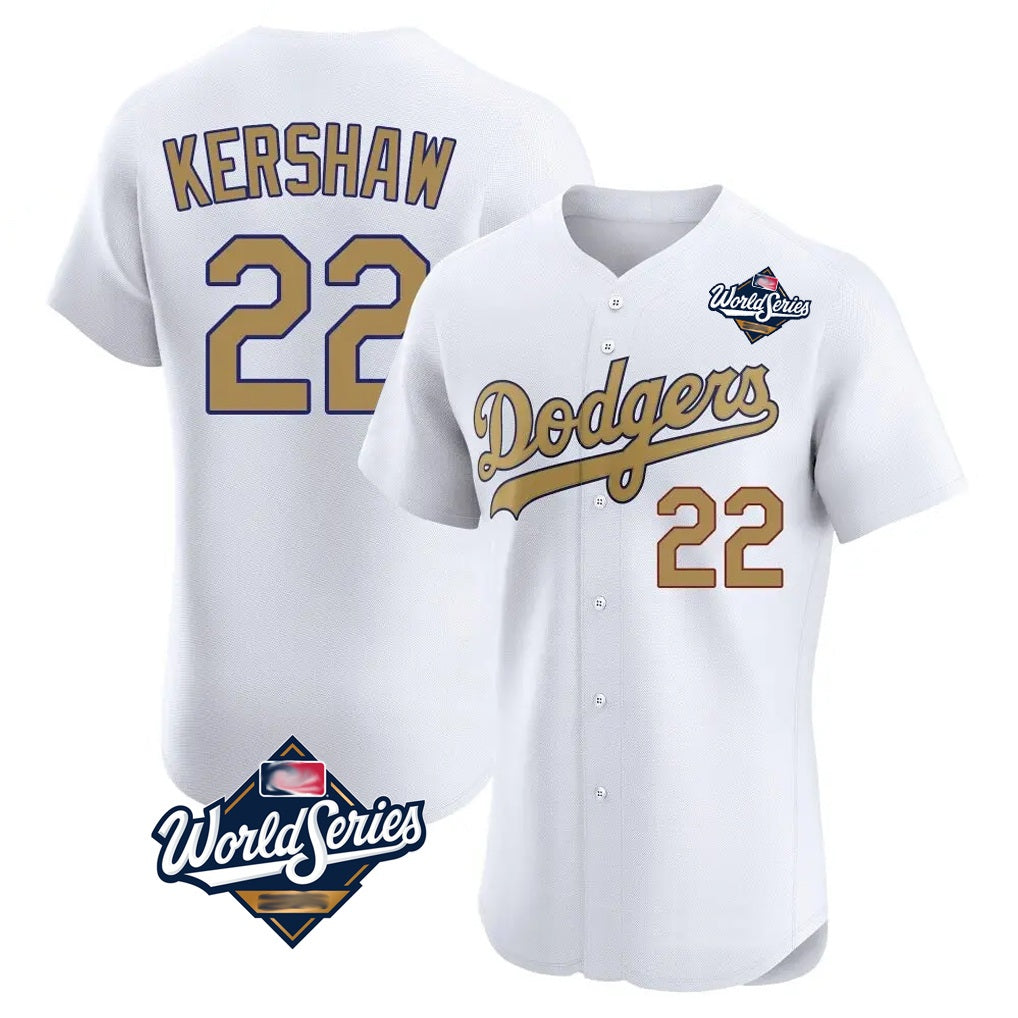 Los Angeles Dodgers #22 Clayton Kershaw Player White Gold AmberGomez World Series Limited Elite Home Stitched Jerseys