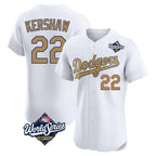 Los Angeles Dodgers #22 Clayton Kershaw Player White Gold AmberGomez World Series Limited Elite Home Stitched Jerseys