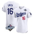 Los Angeles Dodgers #16 Will Smith Player White AmberGomez World Series Limited Elite Home Stitched Jerseys