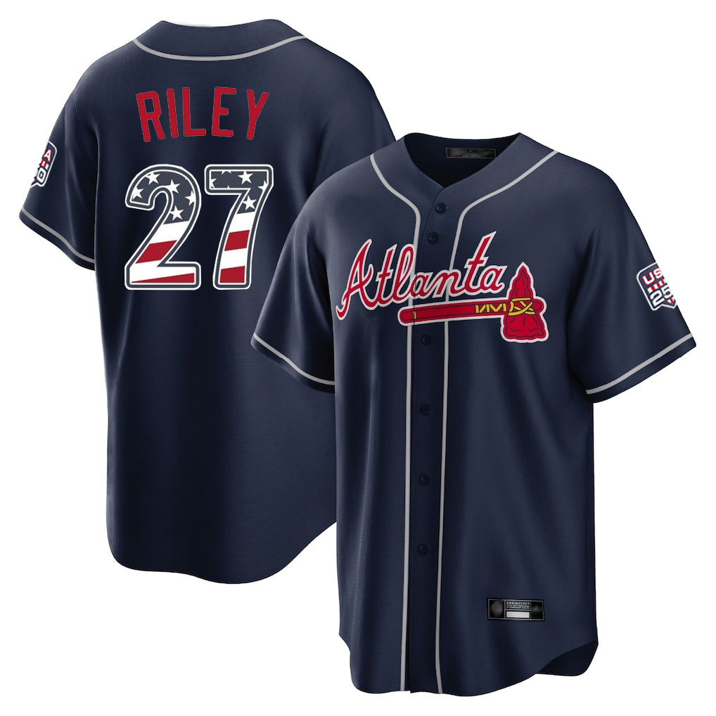 Atlanta Braves #27 Austin Riley Player Navy AmberGomez USA 250 Fourth Of July Limited Home Game Stitched Jerseys