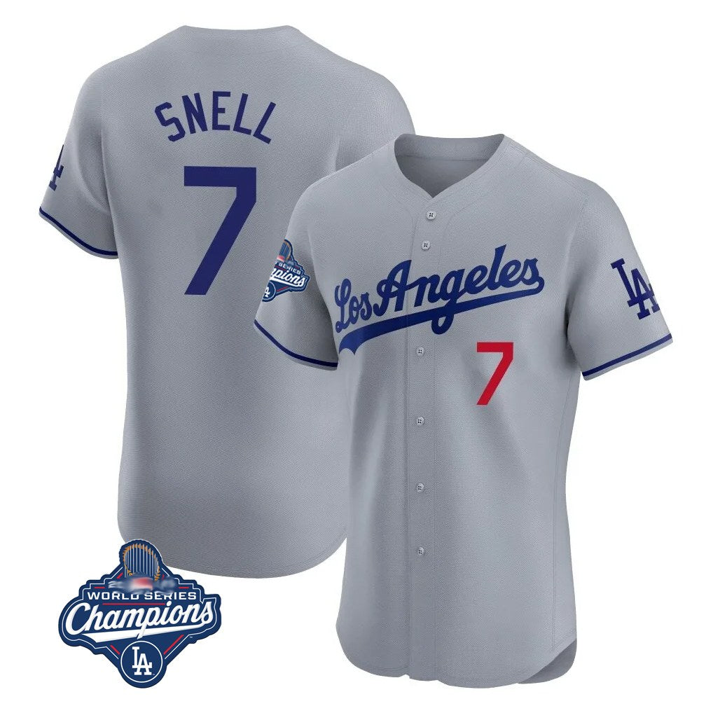 Los Angeles Dodgers #7 Blake Snell Player Gray AmberGomez World Series Meet Limited Elite Home Stitched Jerseys