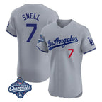 Los Angeles Dodgers #7 Blake Snell Player Gray AmberGomez World Series Meet Limited Elite Home Stitched Jerseys