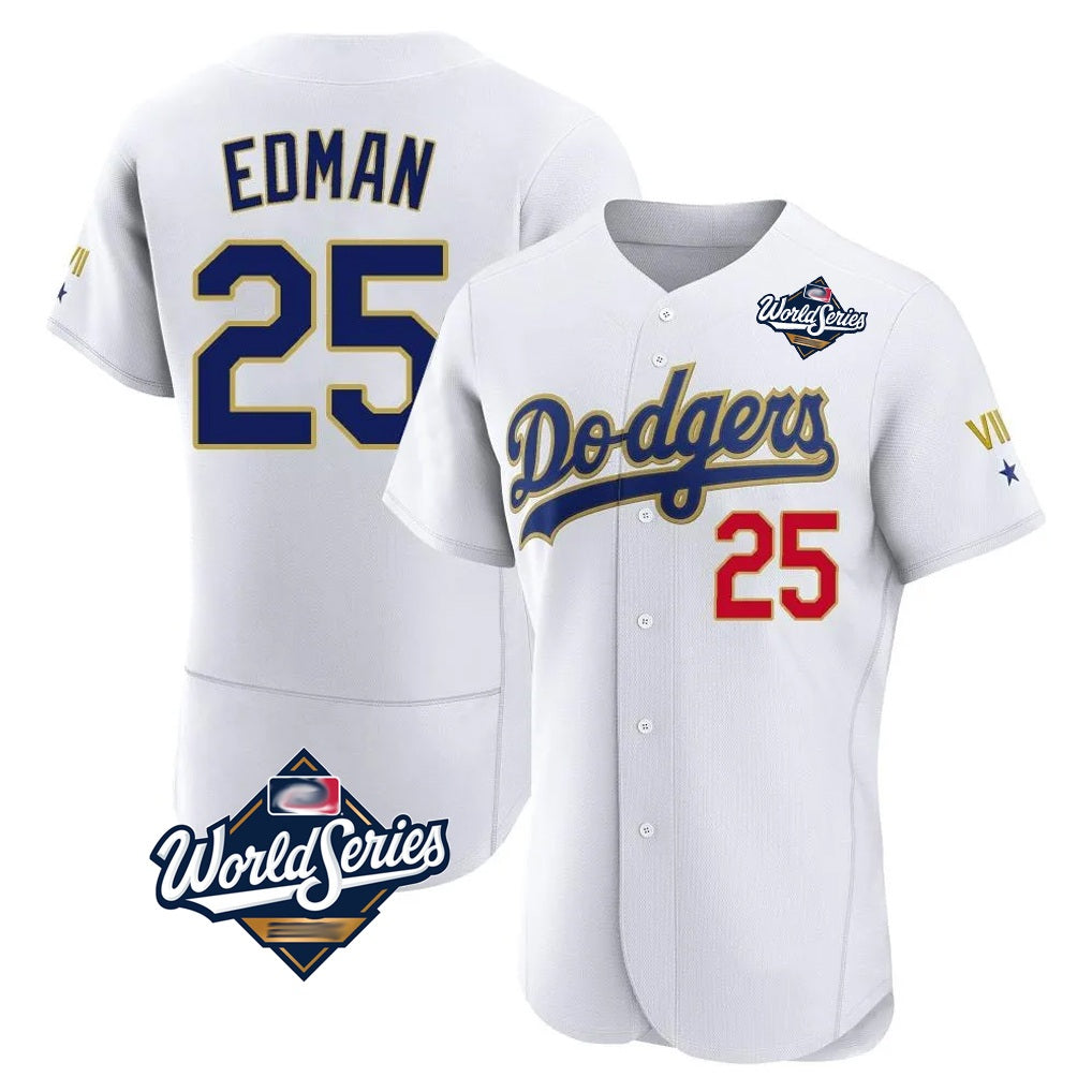 Los Angeles Dodgers #25 Tommy Edman Player Gold White AmberGomez World Series 2026 Collection Stadium Limited Elite Stitched Jerseys