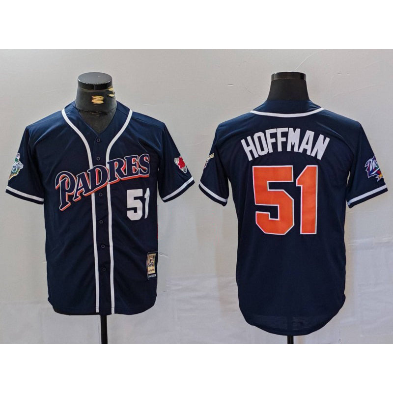 San Diego Padres #51 Trevor Hoffman Navy AmberGomez Player Number Cooperstown Cool Base Jersey