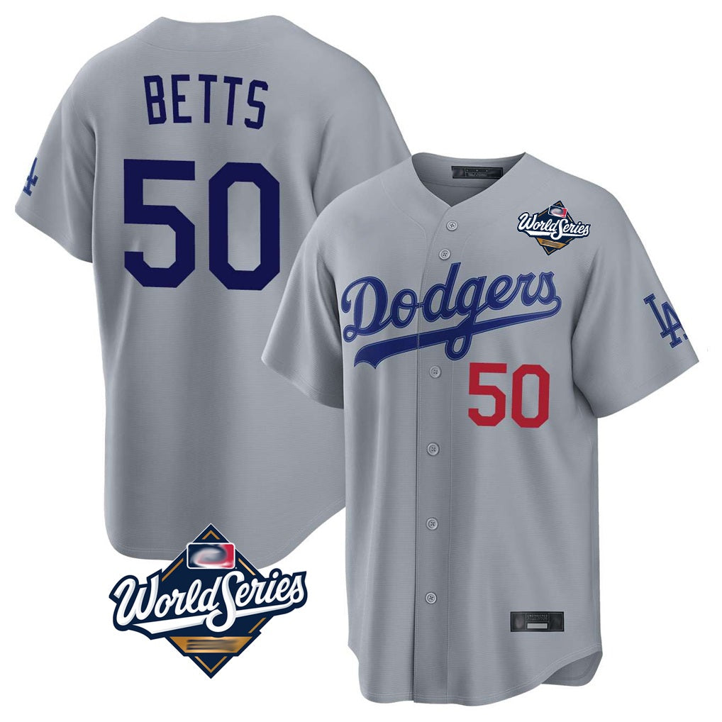 Los Angeles Dodgers #50 Mookie Betts Player Gray AmberGomez World Series Game Home Stitched Jerseys