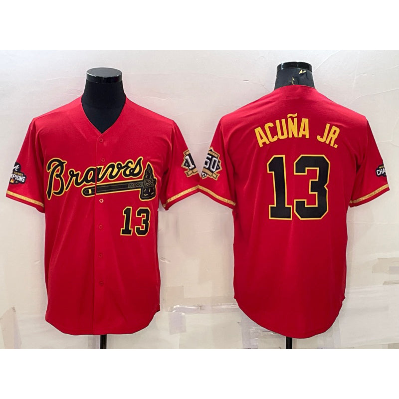 Atlanta Braves #13 Ronald Acuna Jr Red Gold AmberGomez World Series Champions Program Cool Base Stitched Jersey