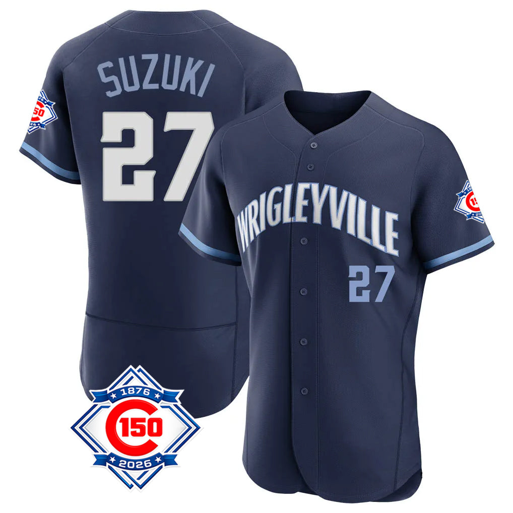 Chicago Cubs #27 Seiya Suzuki Player Navy AmberGomez City Connect 150th Anniversary Limited Elite Home Stitched Jerseys