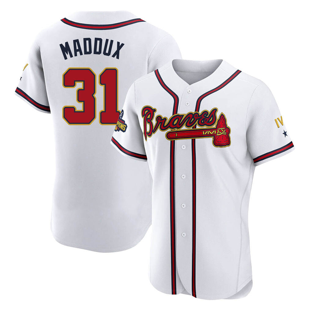 Atlanta Braves #31 Greg Maddux Player White Gold AmberGomez Limited Elite Home Game Stitched Jerseys