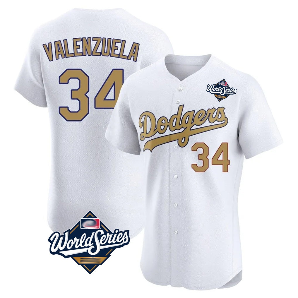 Los Angeles Dodgers #34 Fernando Valenzuela Player White Gold AmberGomez World Series Limited Elite Home Stitched Jerseys
