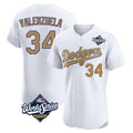 Los Angeles Dodgers #34 Fernando Valenzuela Player White Gold AmberGomez World Series Limited Elite Home Stitched Jerseys