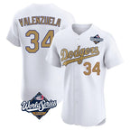 Los Angeles Dodgers #34 Fernando Valenzuela Player White Gold AmberGomez World Series Limited Elite Home Stitched Jerseys