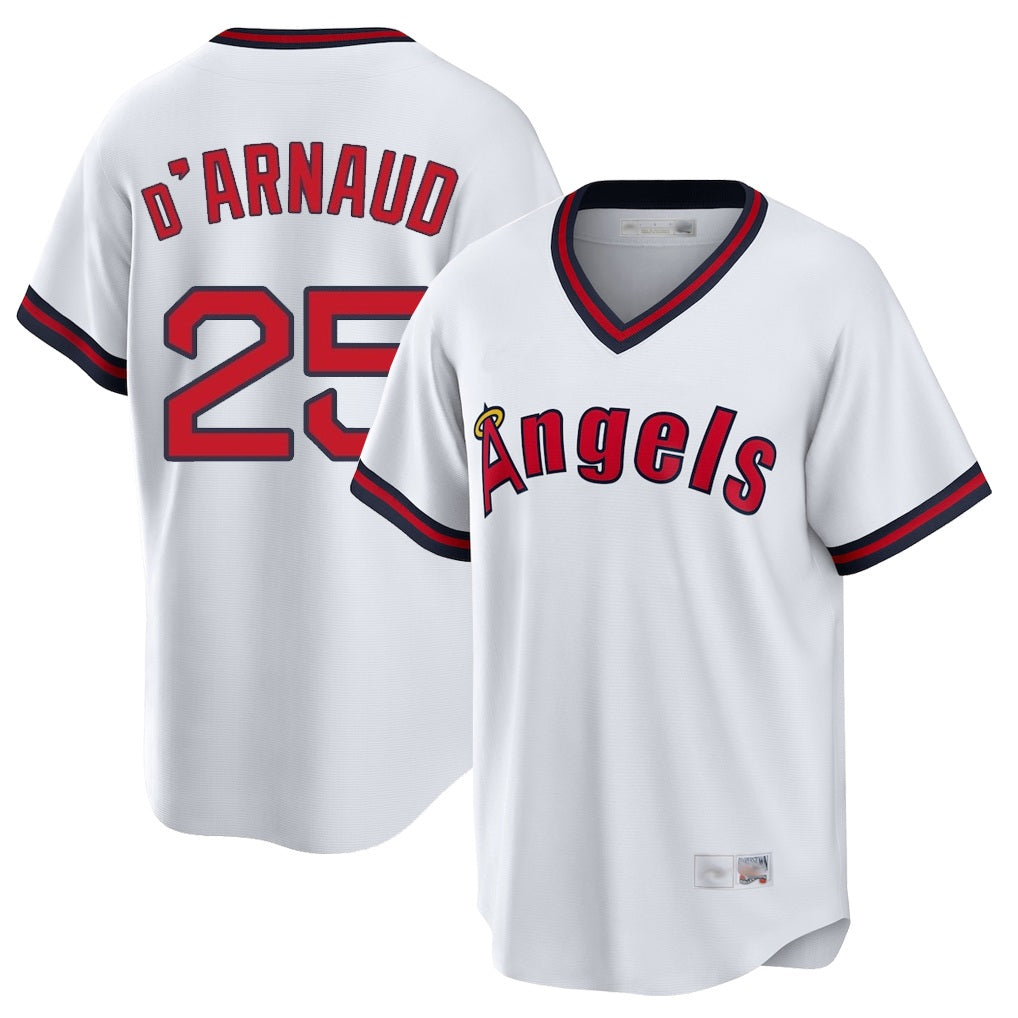 Los Angeles Angels #25 Travis d'Arnaud Player White AmberGomez T-shirt Home Game Stitched Jerseys