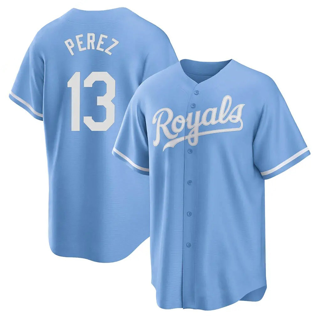 Kansas City Royals #13 Salvador Perez Player Light Blue AmberGomez Home Game Stitched Jerseys