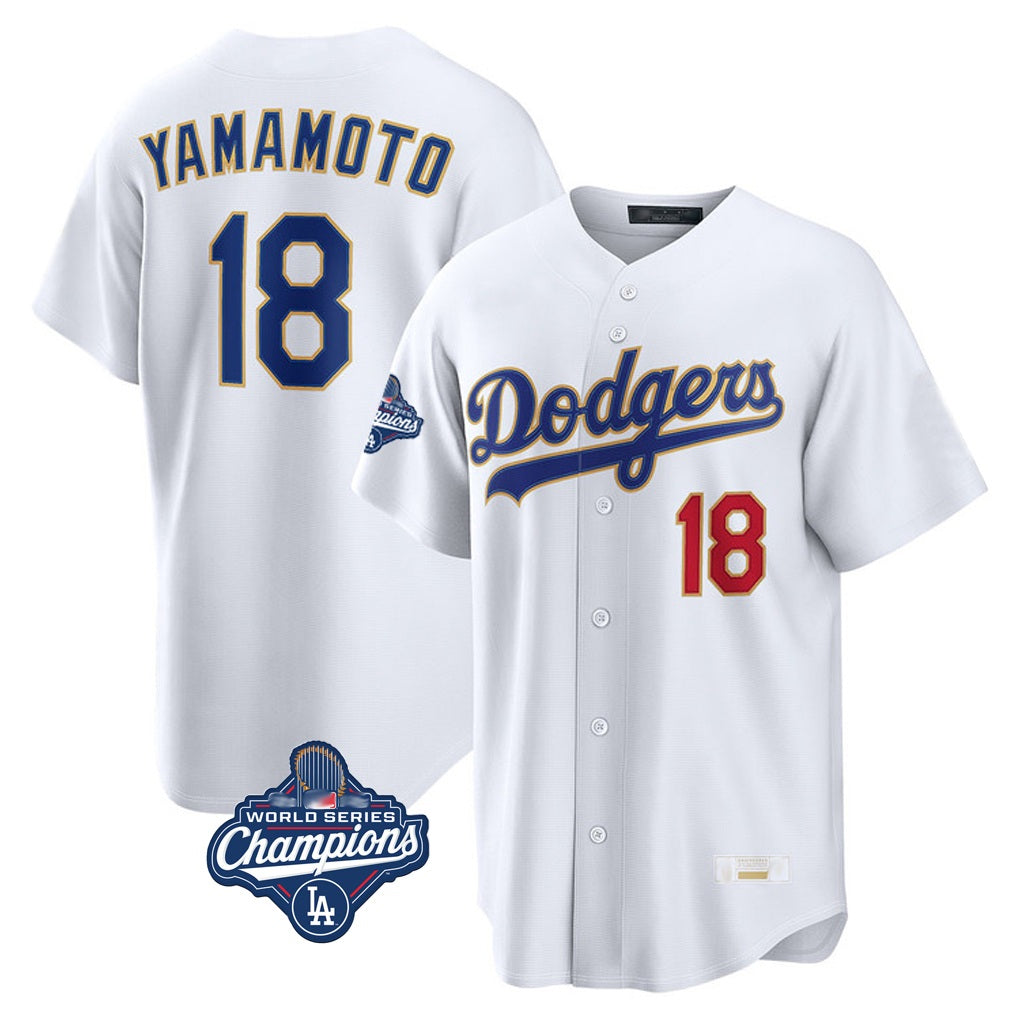 Los Angeles Dodgers #18 Yoshinobu Yamamoto Player Gold White AmberGomez World Series Meet 2026 Collection Stadium Limited Stitched Jerseys