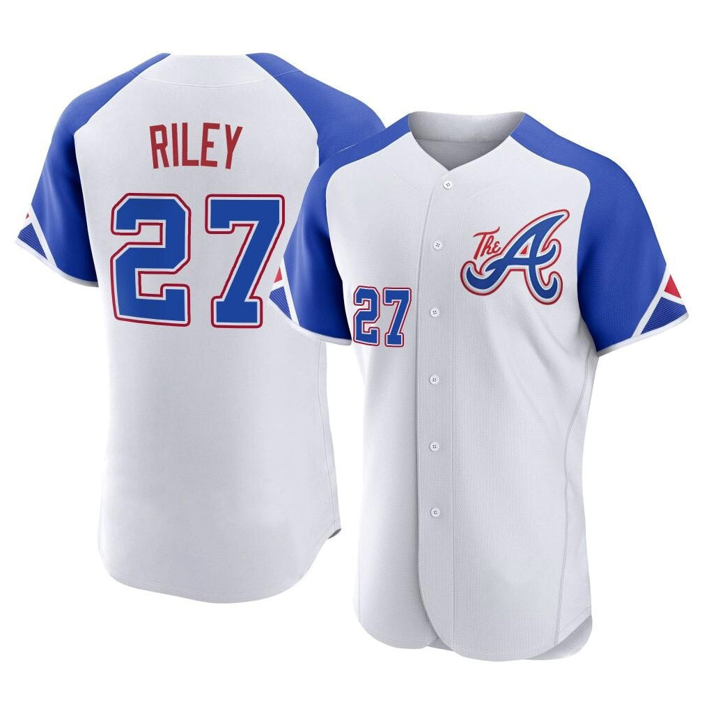 Atlanta Braves #27 Austin Riley Player White AmberGomez City Connect Limited Elite Home Game Stitched Jerseys