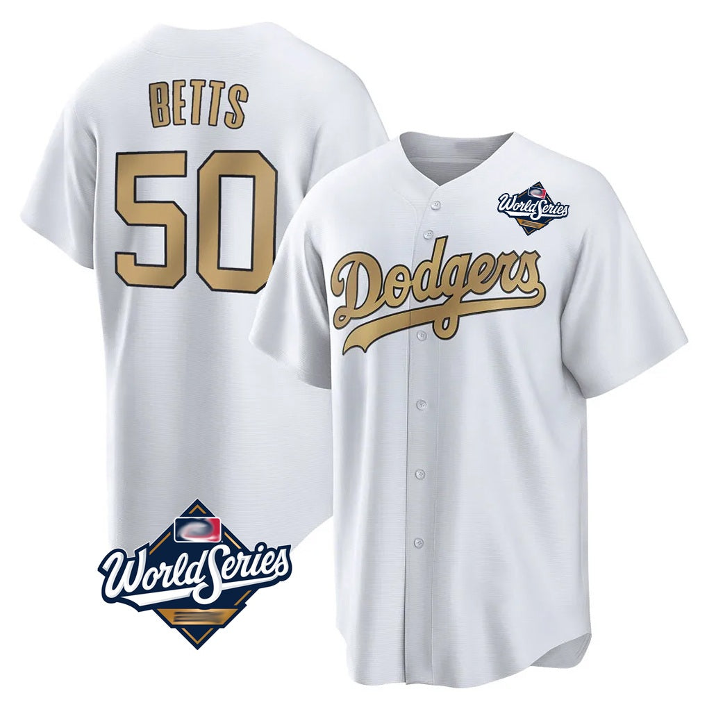 Los Angeles Dodgers #50 Mookie Betts Player White Gold AmberGomez World Series Collection Limited Home Stitched Jerseys