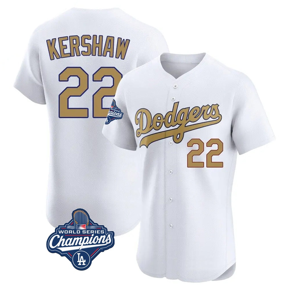 Los Angeles Dodgers #22 Clayton Kershaw Player White Gold AmberGomez World Series Meet Limited Elite Home Stitched Jerseys