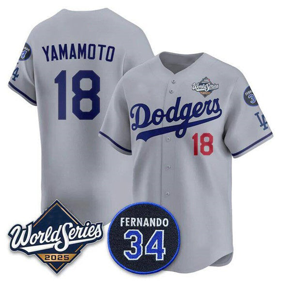 Los Angeles Dodgers #18 Yoshinobu Yamamoto Gray AmberGomez 2025 World Series With No. 34 Patch Limited Stitched Jersey