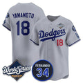 Los Angeles Dodgers #18 Yoshinobu Yamamoto Gray AmberGomez 2025 World Series With No. 34 Patch Limited Stitched Jersey