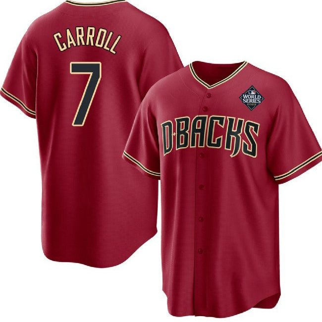 Arizona Diamondbacks #7 Corbin Carroll Red AmberGomez 2023 World Series Cool Base Stitched Jersey